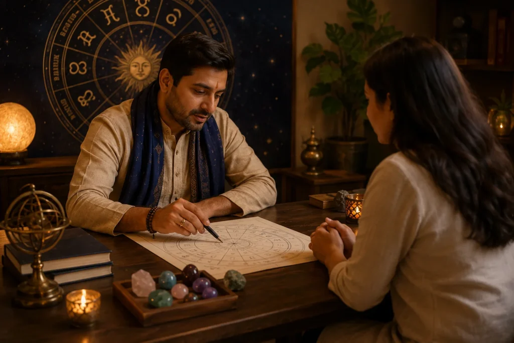 Couple attending a love astrology consultation to receive personalized relationship guidance based on their birth charts