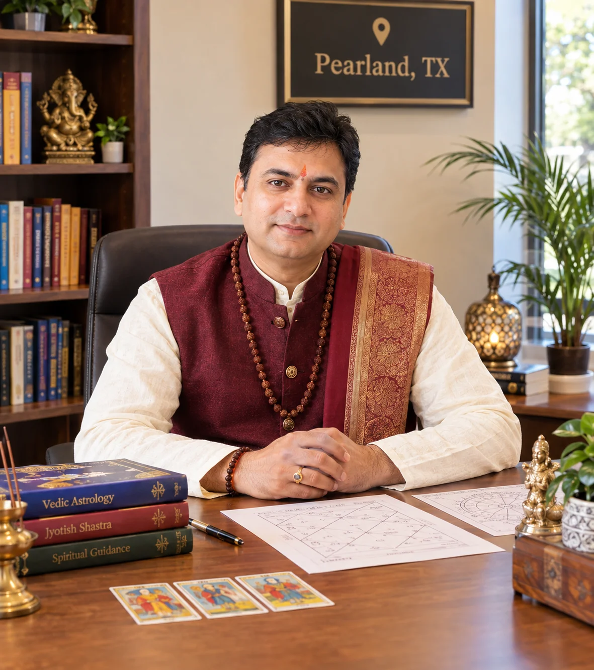 Master Gurudev providing Vedic astrology and spiritual guidance in Pearland, TX during a personalized consultation.