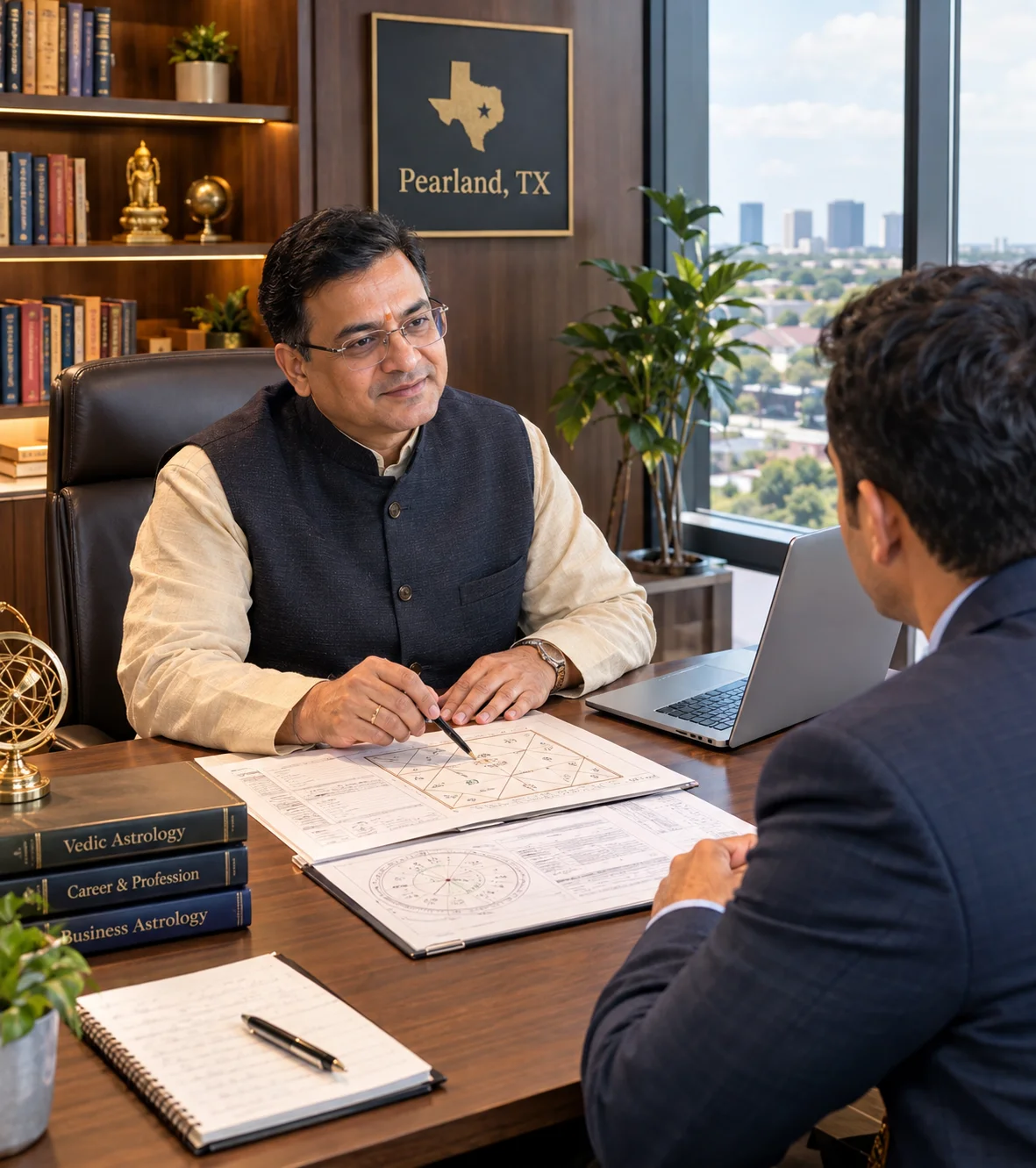 Career and business astrology consultation in Pearland, TX, using Vedic astrology insights to explore professional goals and business decisions.