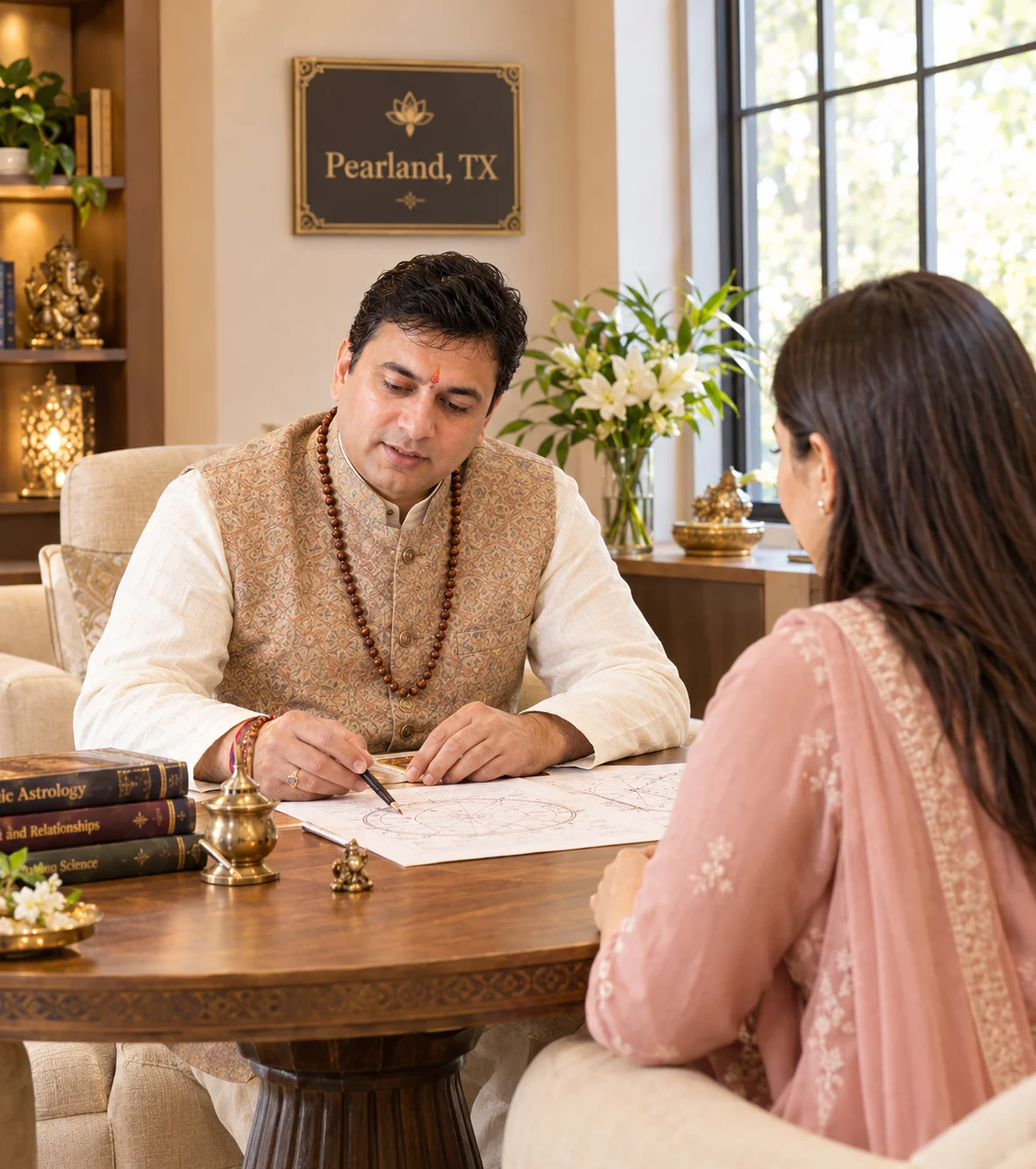 Master Gurudev providing personalized Vedic astrology and spiritual guidance during a consultation in Pearland, TX.