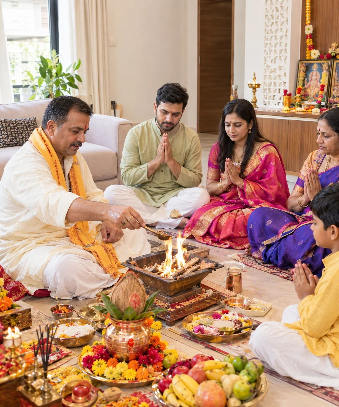Traditional Indian pooja setup with flowers and lamps for home blessing and important life events