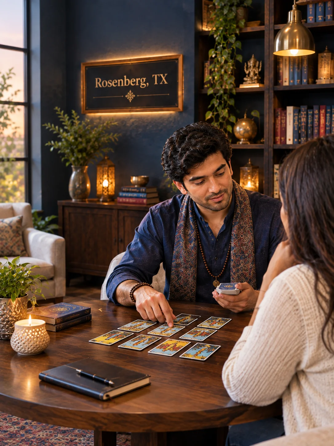 Tarot reader providing spiritual insight and personalized guidance during a reading in Rosenberg, TX